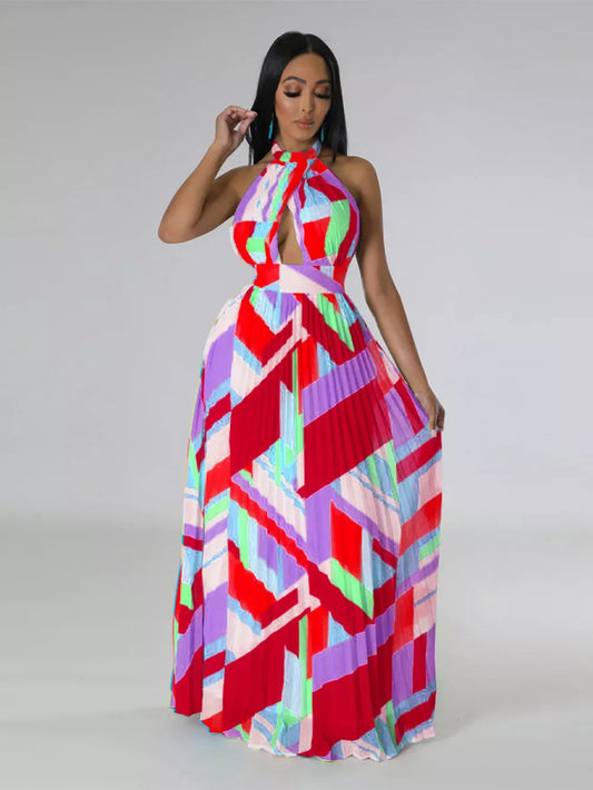 Halter Neck Geometric Print Pleated Maxi Dress