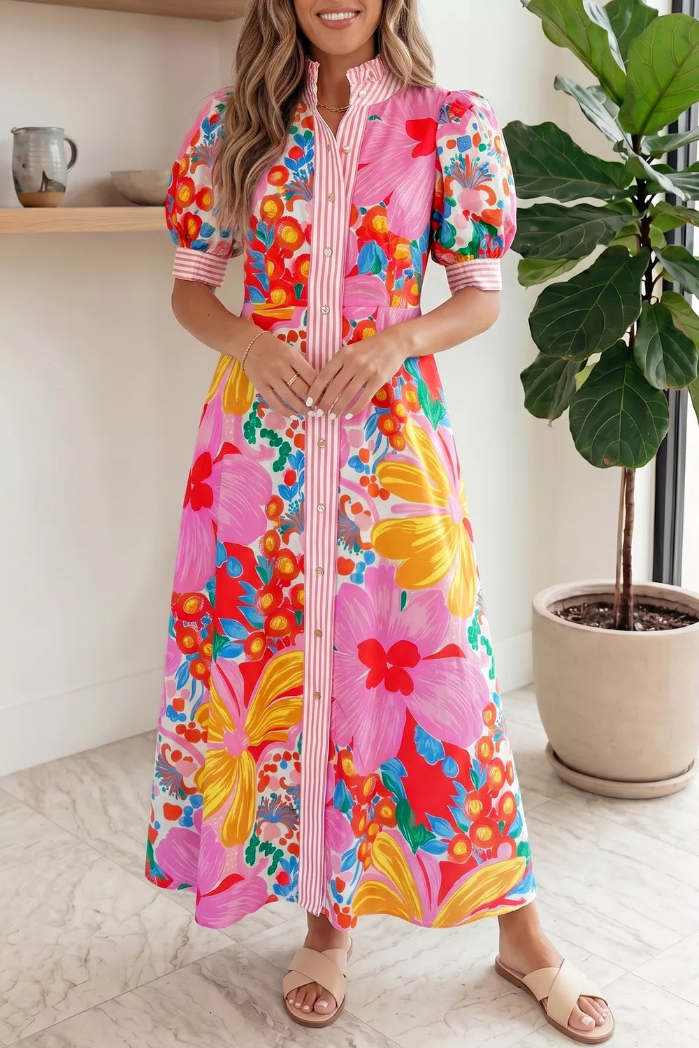 Floral Print Striped Trim Button Down Short Sleeve Maxi Dress-82