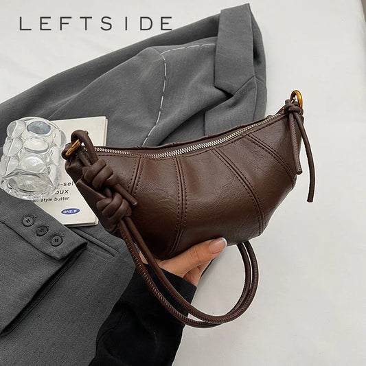 LEFTSIDE 2025 Retro Trend Solid Color Splicing Leather Shoulder Bag Women Korean Fashion Handbags and Purses Lady Crossbody Bag