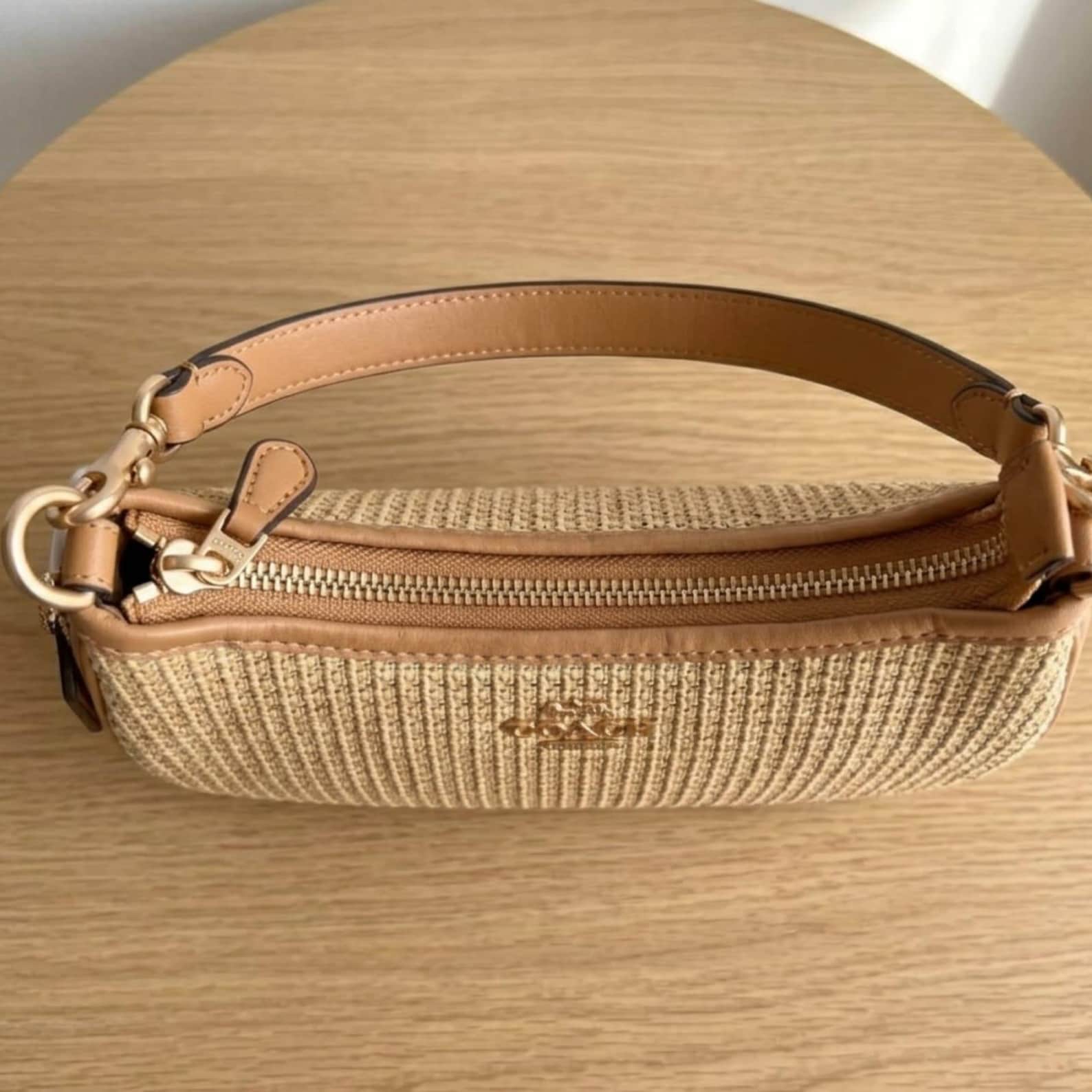 Teri Shoulder Bag | Woven Raffia With Leather Trim | Vintage Coach Beige Shoulder Purse