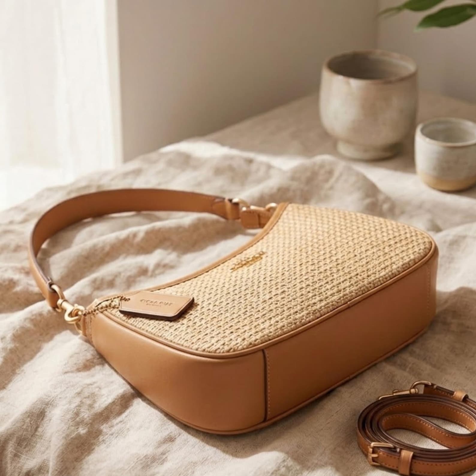 Teri Shoulder Bag | Woven Raffia With Leather Trim | Vintage Coach Beige Shoulder Purse