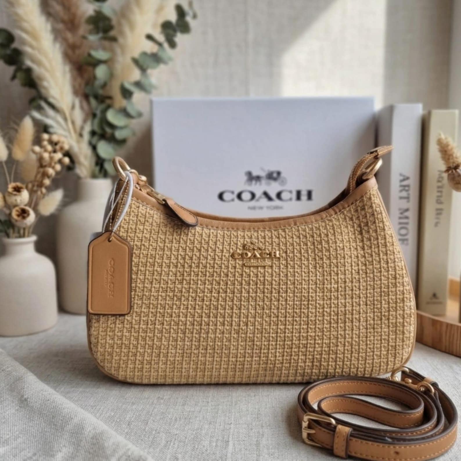 Teri Shoulder Bag | Woven Raffia With Leather Trim | Vintage Coach Beige Shoulder Purse