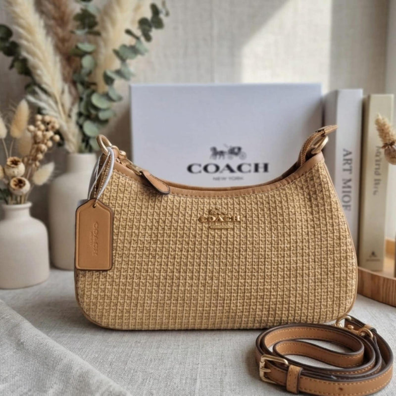 Teri Shoulder Bag | Woven Raffia With Leather Trim | Vintage Coach Beige Shoulder Purse