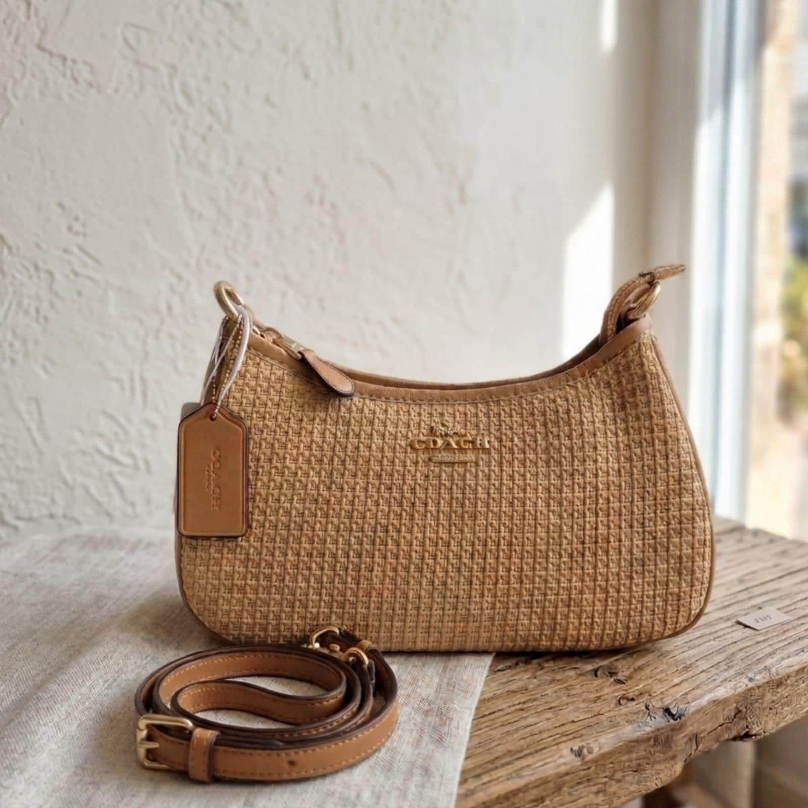 Teri Shoulder Bag | Woven Raffia With Leather Trim | Vintage Coach Beige Shoulder Purse